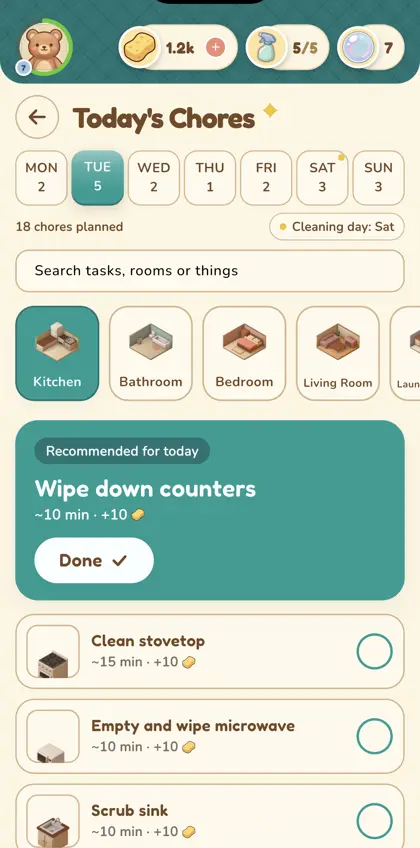 Today's chores in Squeeeks, with Wipe down counters recommended for the kitchen